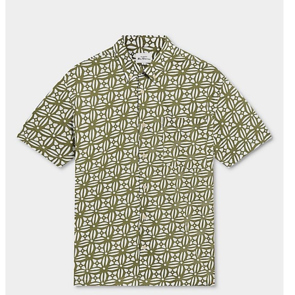 Ben Sherman Geometric Olive and White Men's Shirt NWT